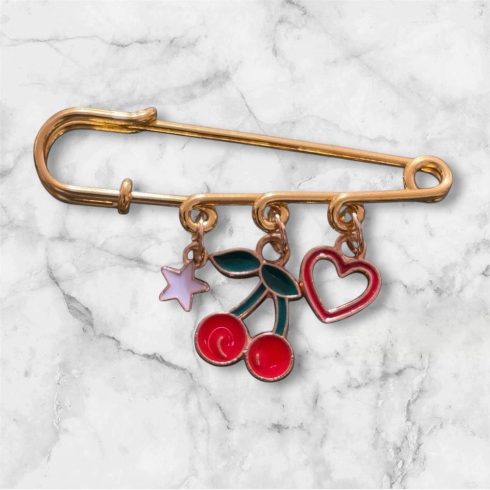 Gold Safety Pin Brooch with Cherry and Heart Charms